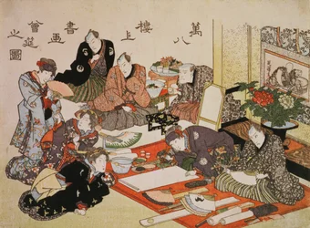 Mal- und Kalligrafie-Party im Manpachiro-Teesalon, 1827 (Farbholzschnitt)